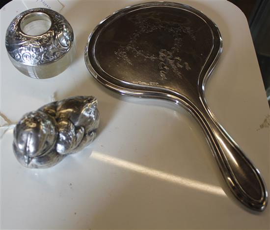 Silver chick condiment, a silver-mounted vesta vase & a hand mirror